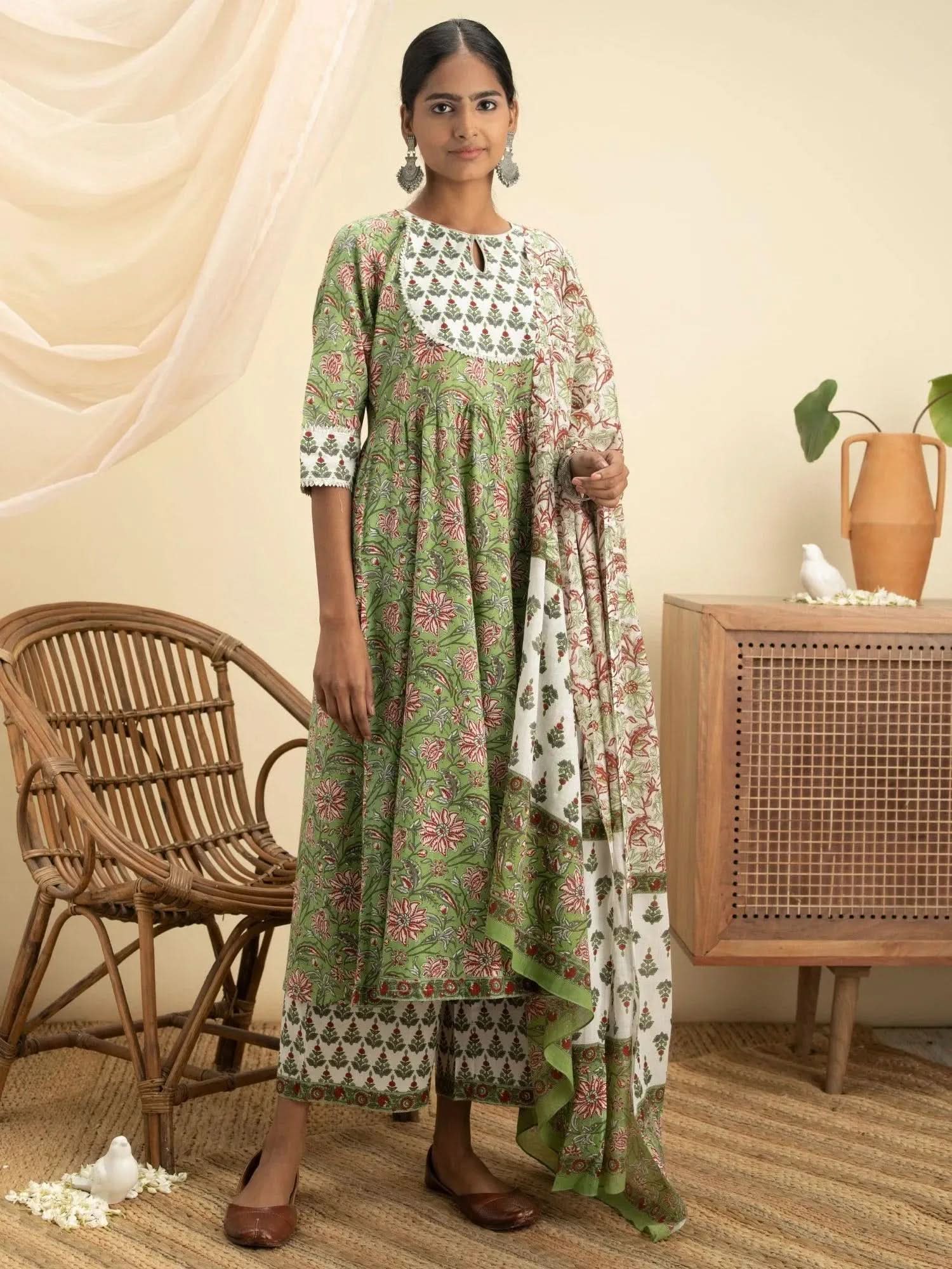 Buy Green Cotton Printed Anarkali Kurta With Cotton Palazzo And Dupatta Online 
Buy Green Cotton Printed Anarkali Kurta With Cotton Palazzo And Dupatta Online