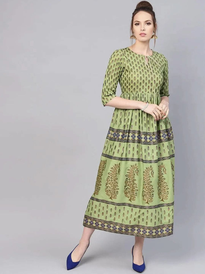 Green Printed Cotton Dress - Libas