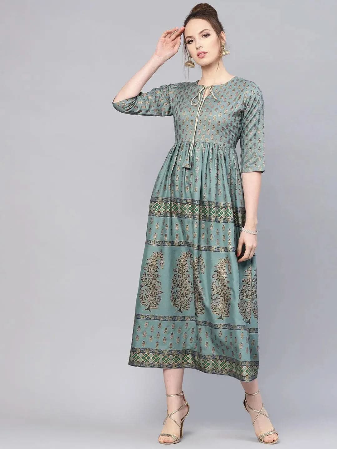 Green Printed Cotton Dress - Libas