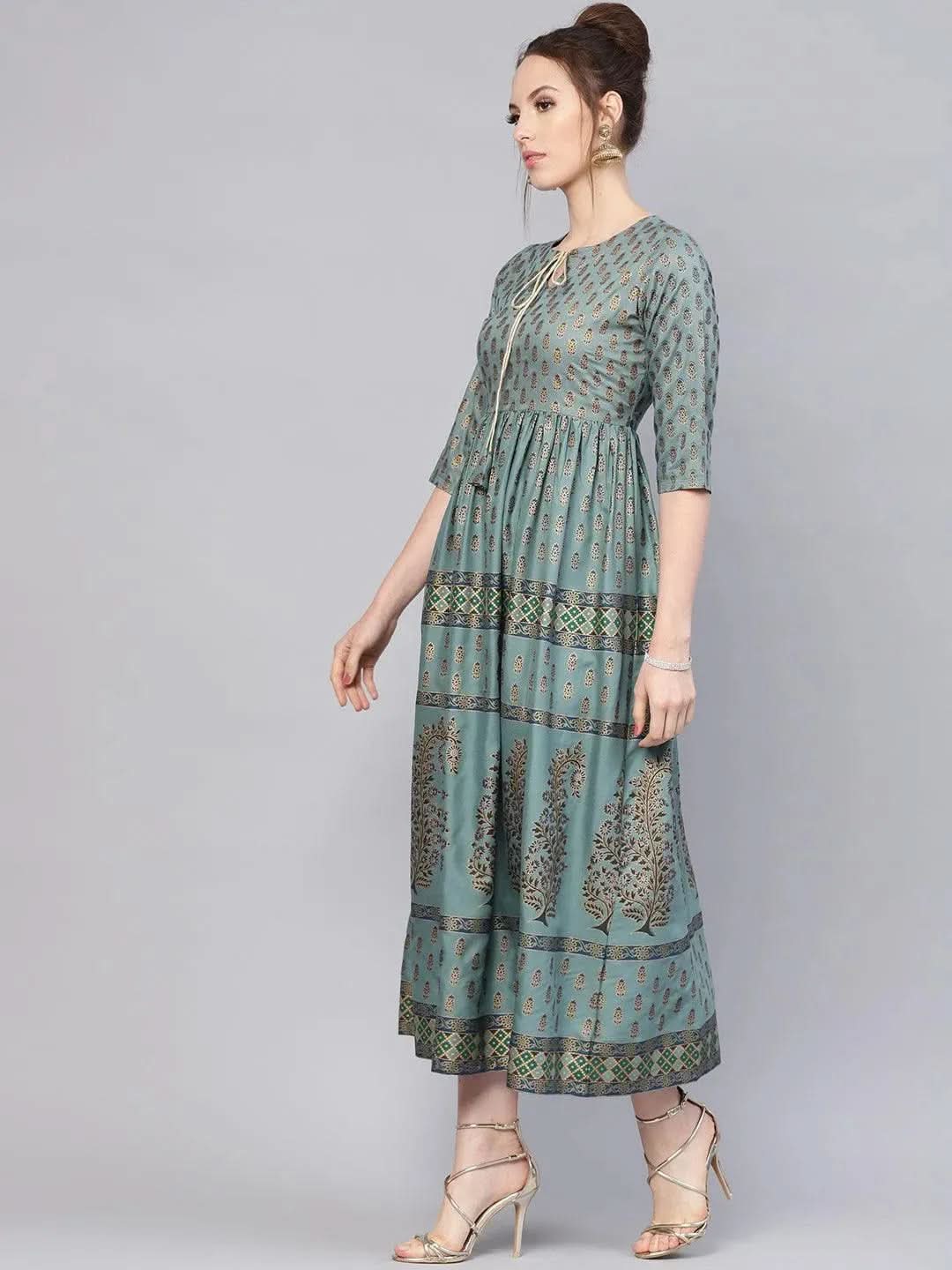 Green Printed Cotton Dress - Libas
