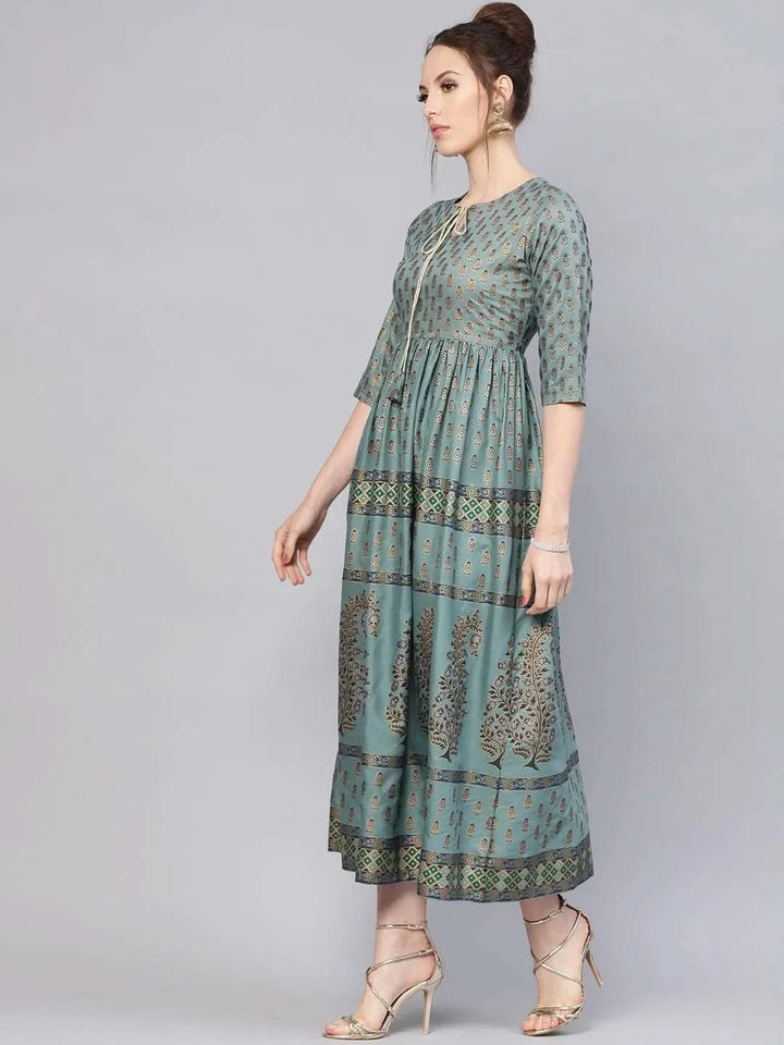 Green Printed Cotton Dress - Libas