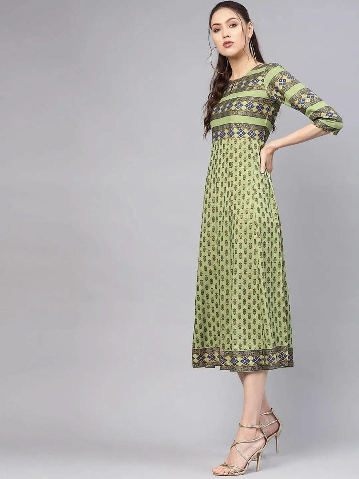 Green Printed Cotton Dress - Libas