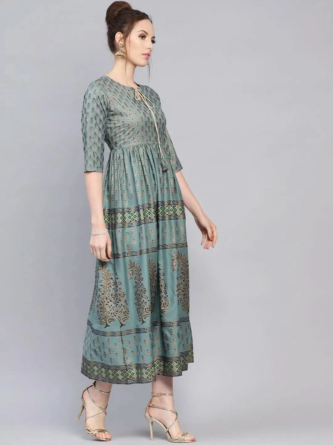 Green Printed Cotton Dress - Libas
