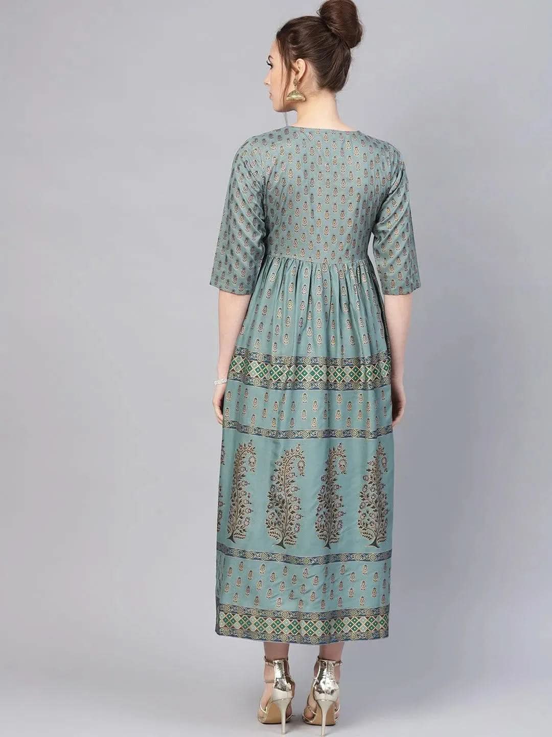 Green Printed Cotton Dress - Libas