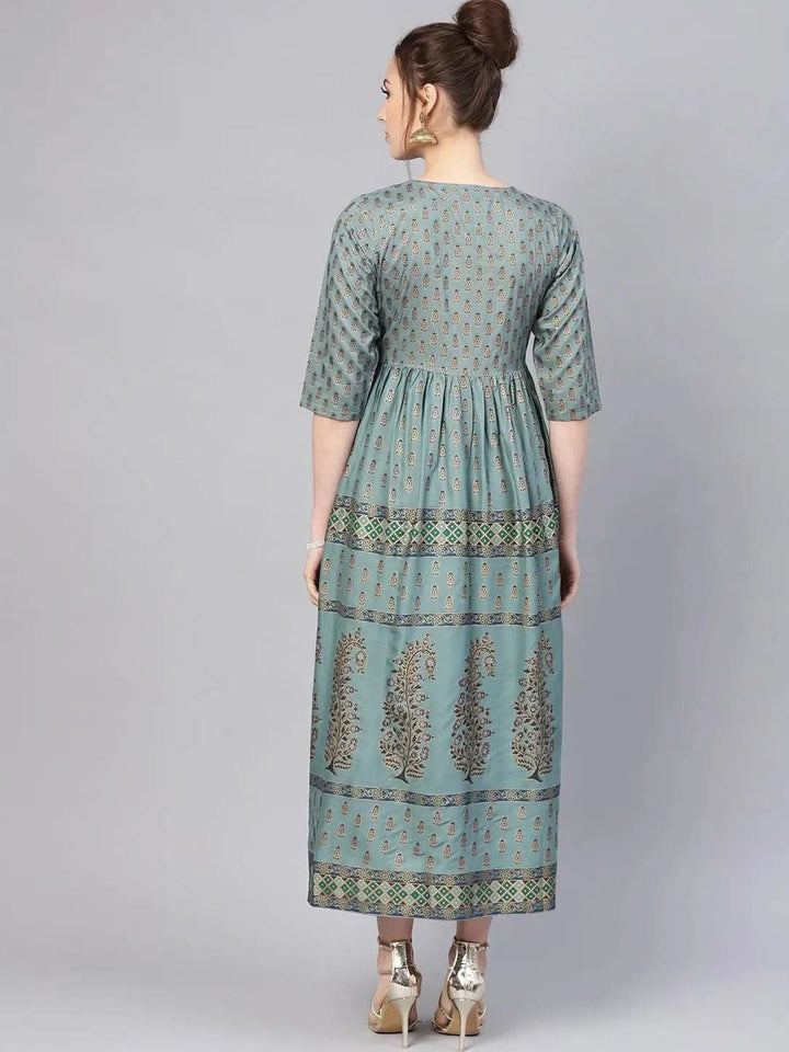 Green Printed Cotton Dress - Libas