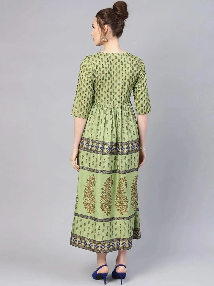 Green Printed Cotton Dress - Libas