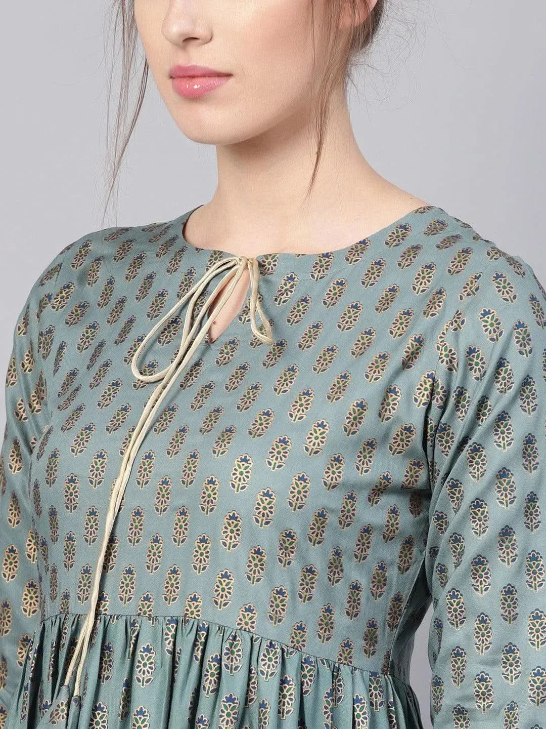 Green Printed Cotton Dress - Libas