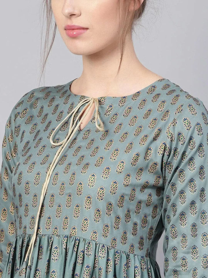 Green Printed Cotton Dress - Libas