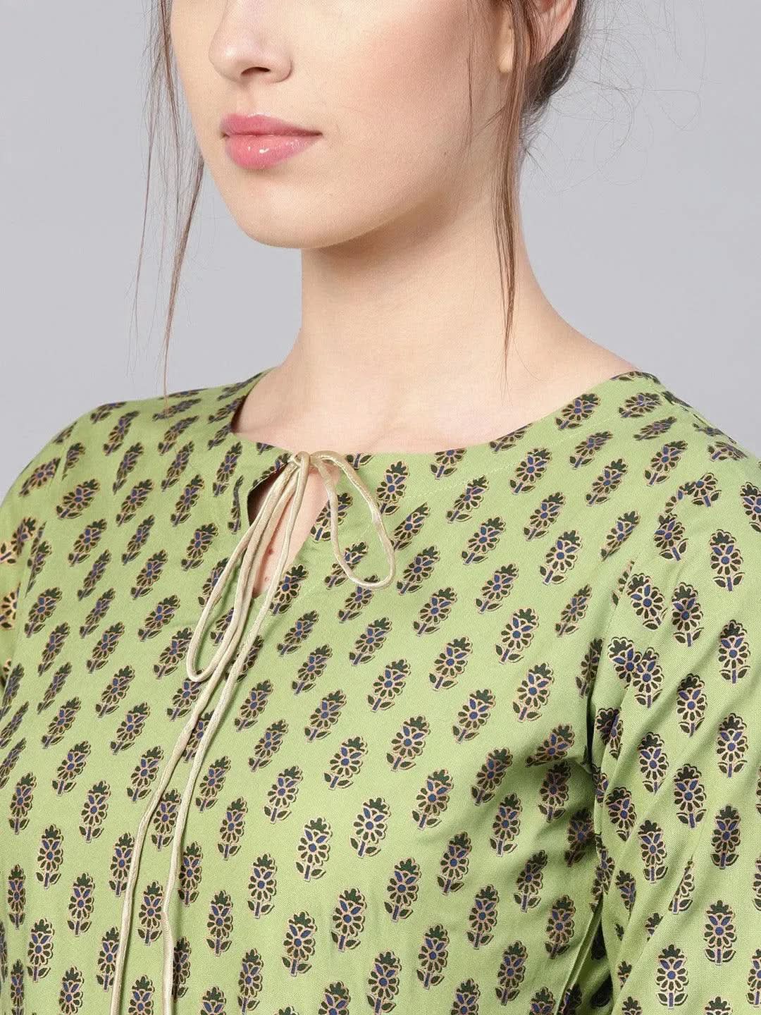 Green Printed Cotton Dress - Libas