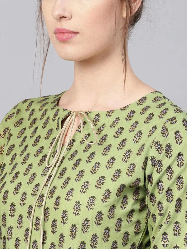 Green Printed Cotton Dress - Libas