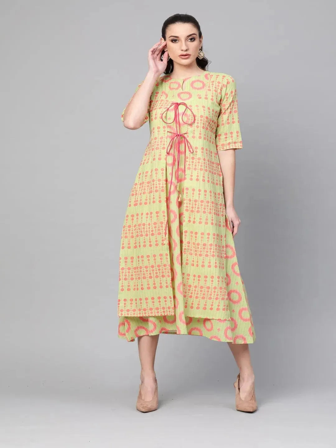 Green Printed Cotton Dress With Shrug - Libas