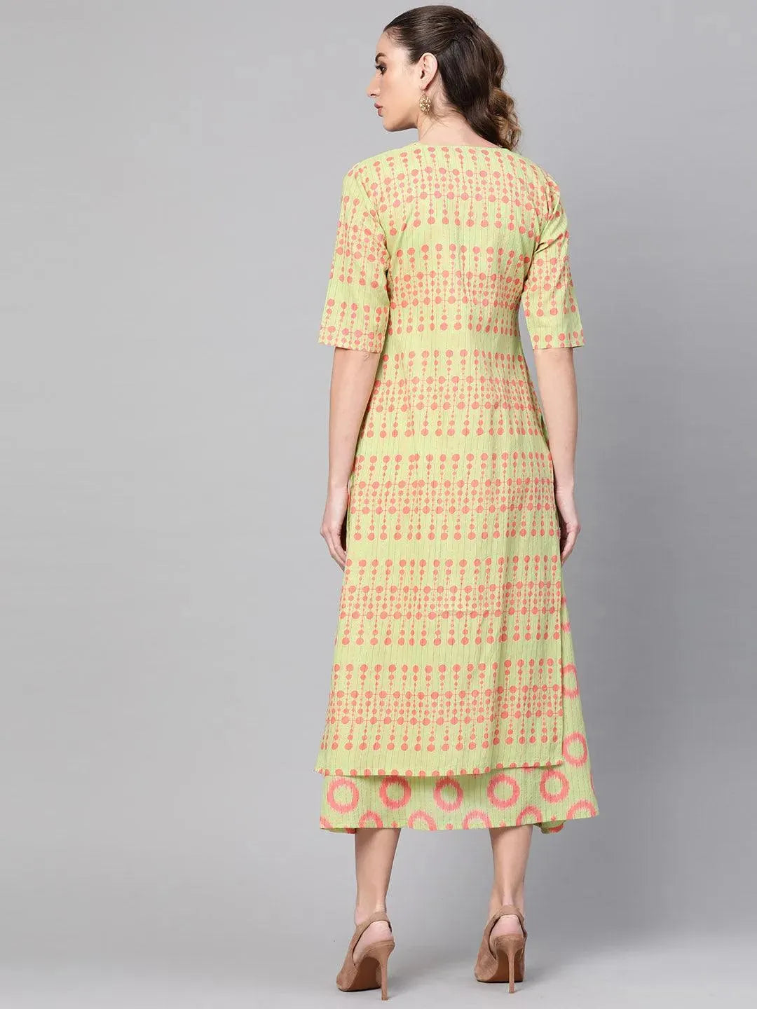 Green Printed Cotton Dress With Shrug - Libas