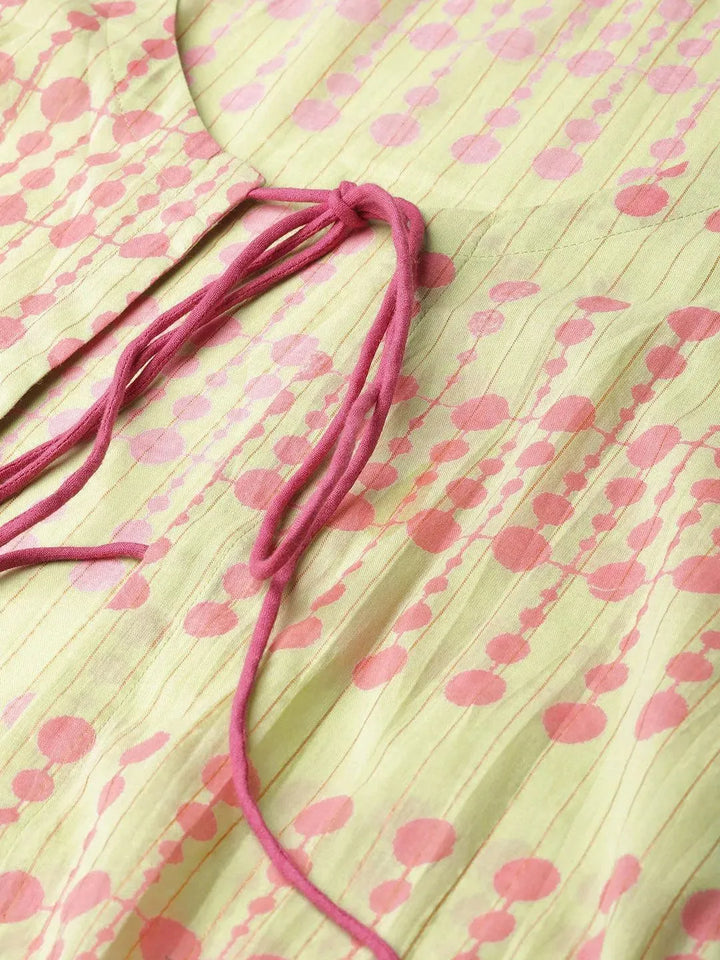 Green Printed Cotton Dress With Shrug - Libas