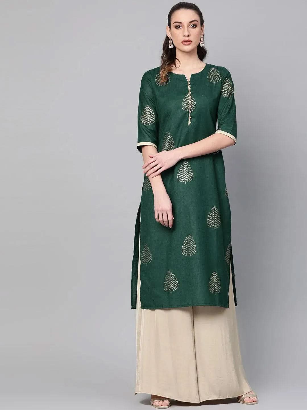 Green Printed Cotton Kurta - Libas