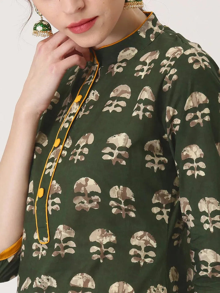 Green Printed Cotton Kurta - Libas