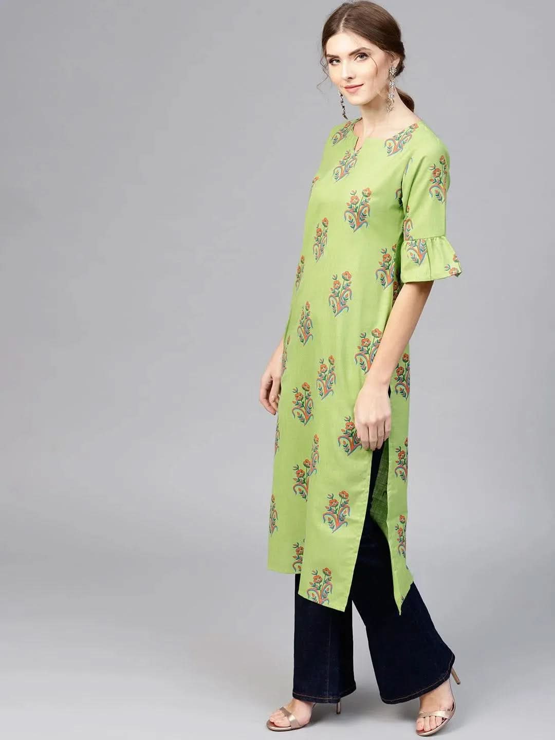 Green Printed Cotton Kurta - Libas