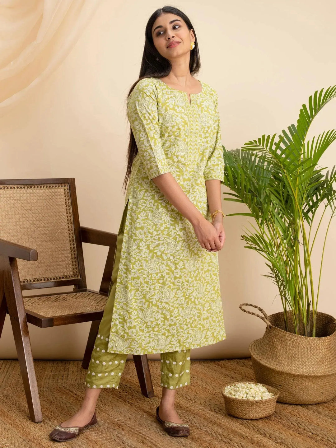 Green Printed Cotton Kurta - Libas