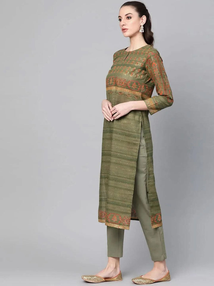 Green Printed Cotton Kurta - Libas
