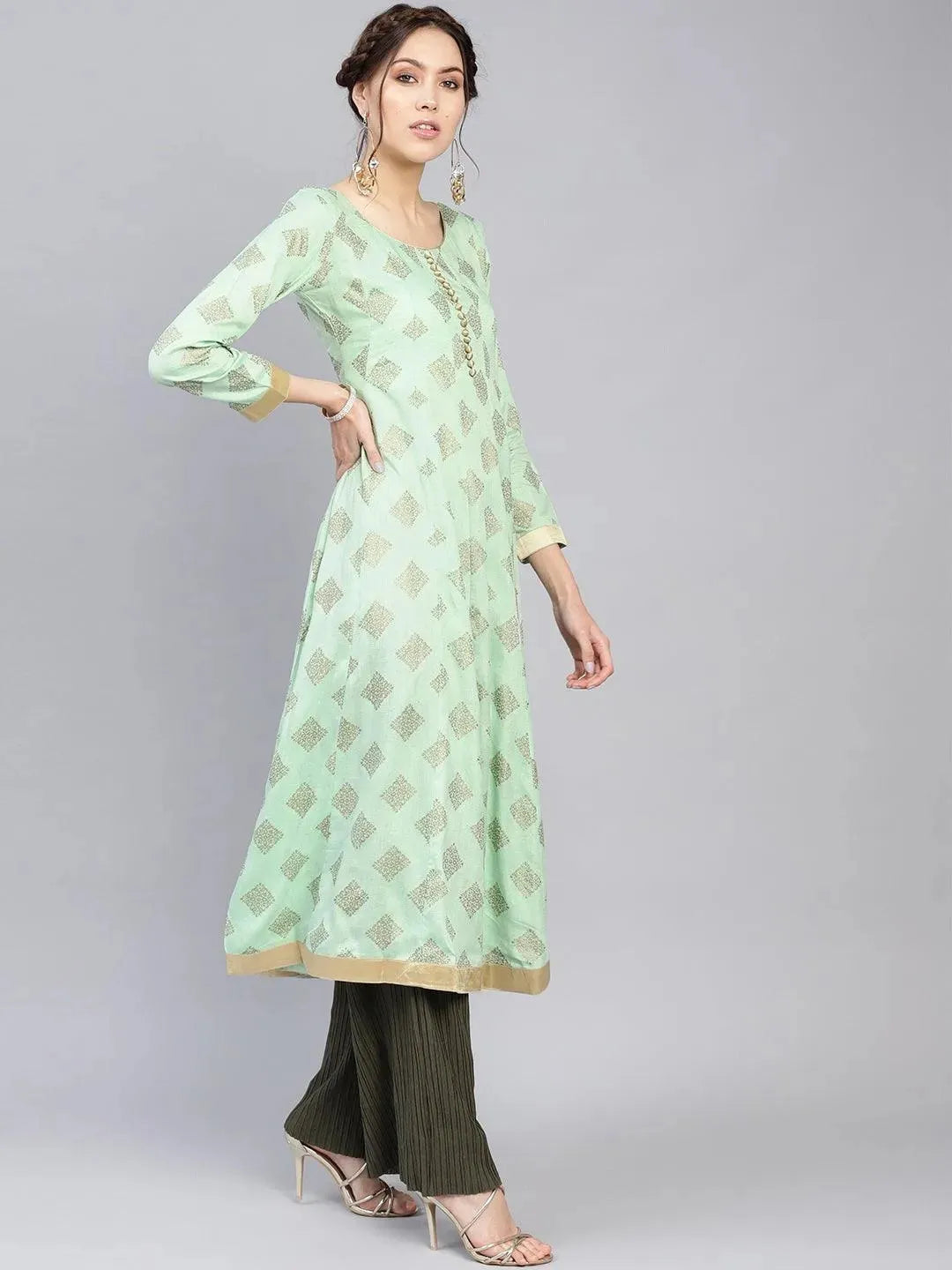 Green Printed Cotton Kurta - Libas