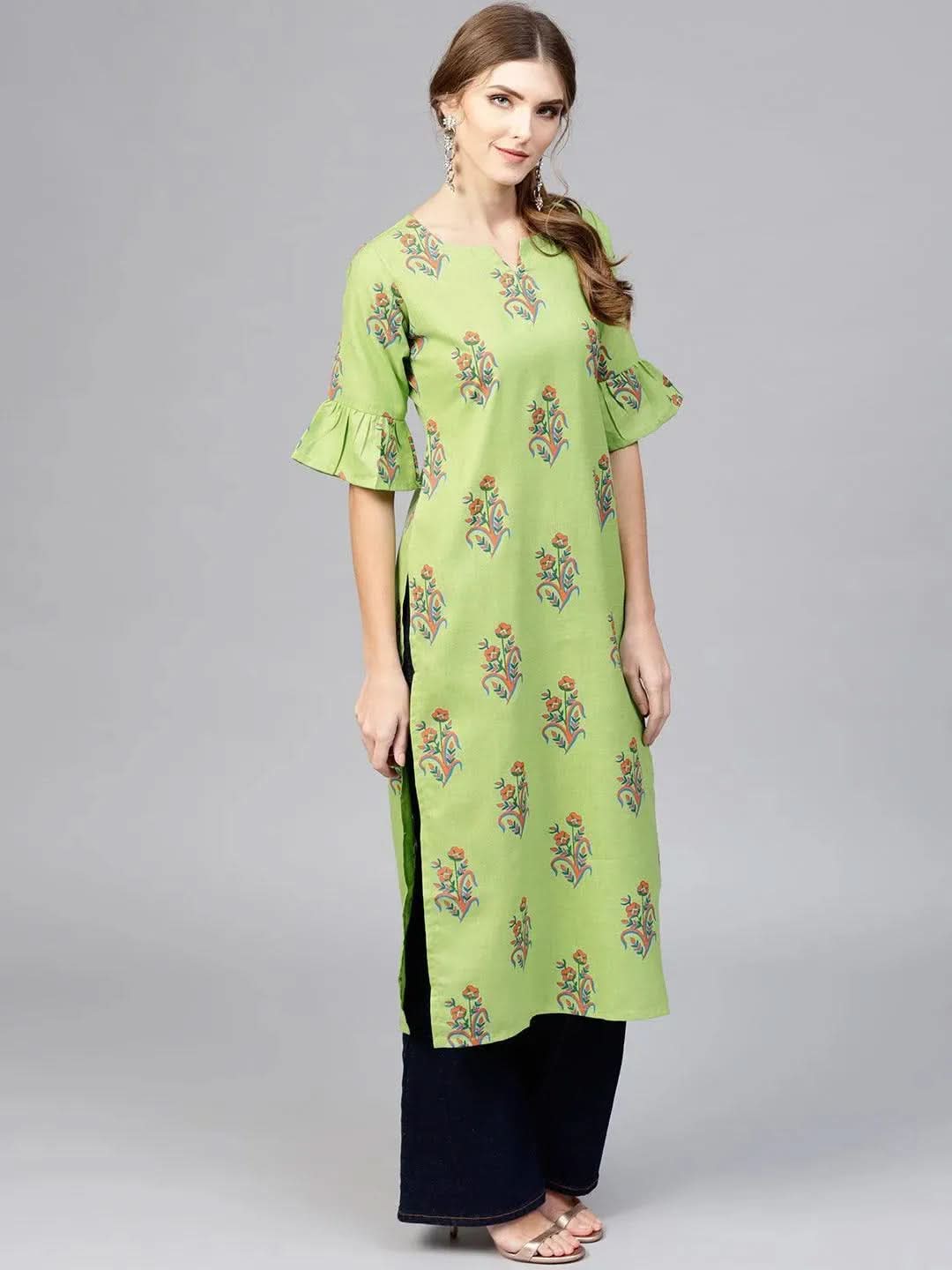 Green Printed Cotton Kurta - Libas