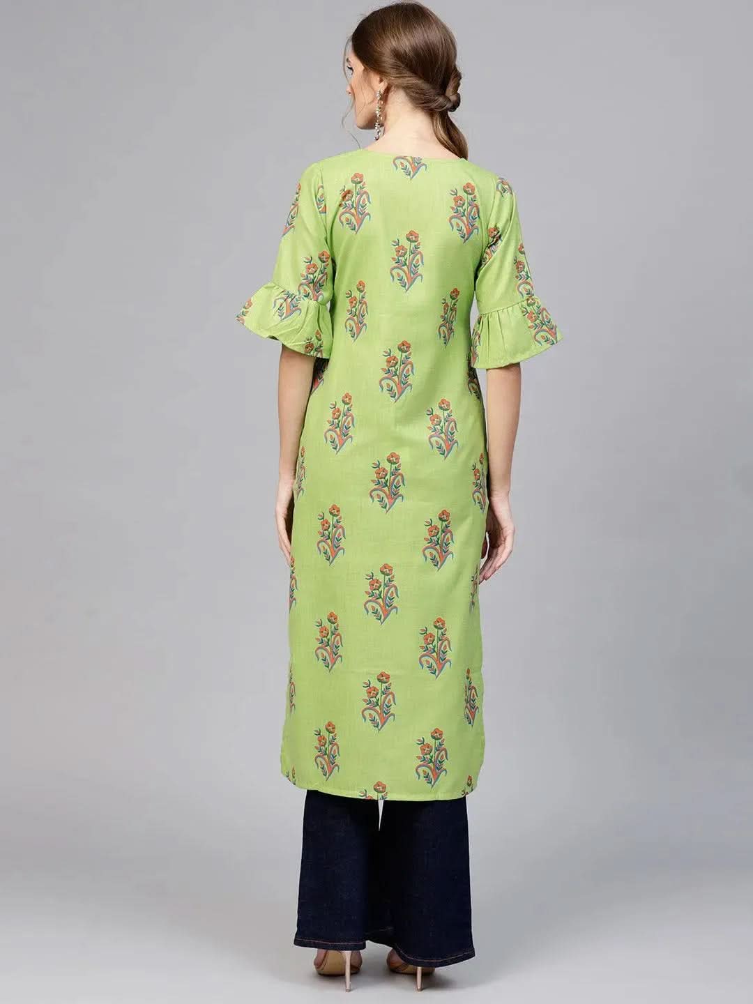 Green Printed Cotton Kurta - Libas
