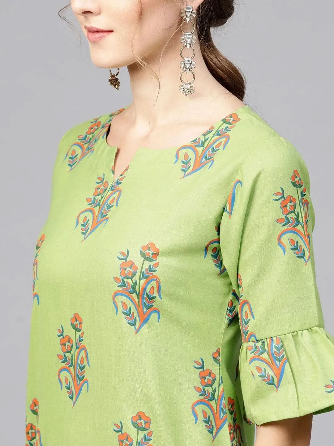 Green Printed Cotton Kurta - Libas