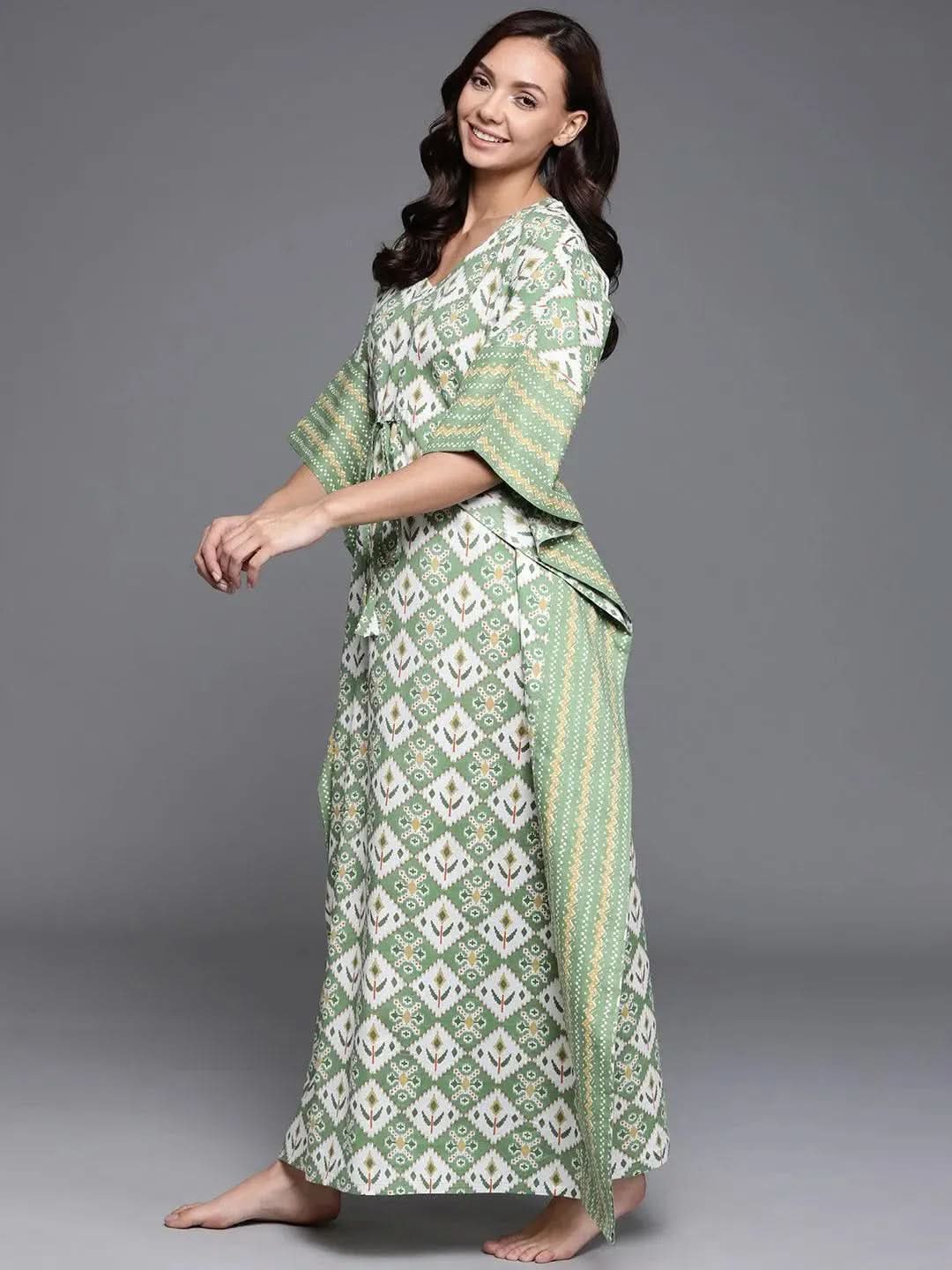 Green Printed Cotton Nightdress - Libas