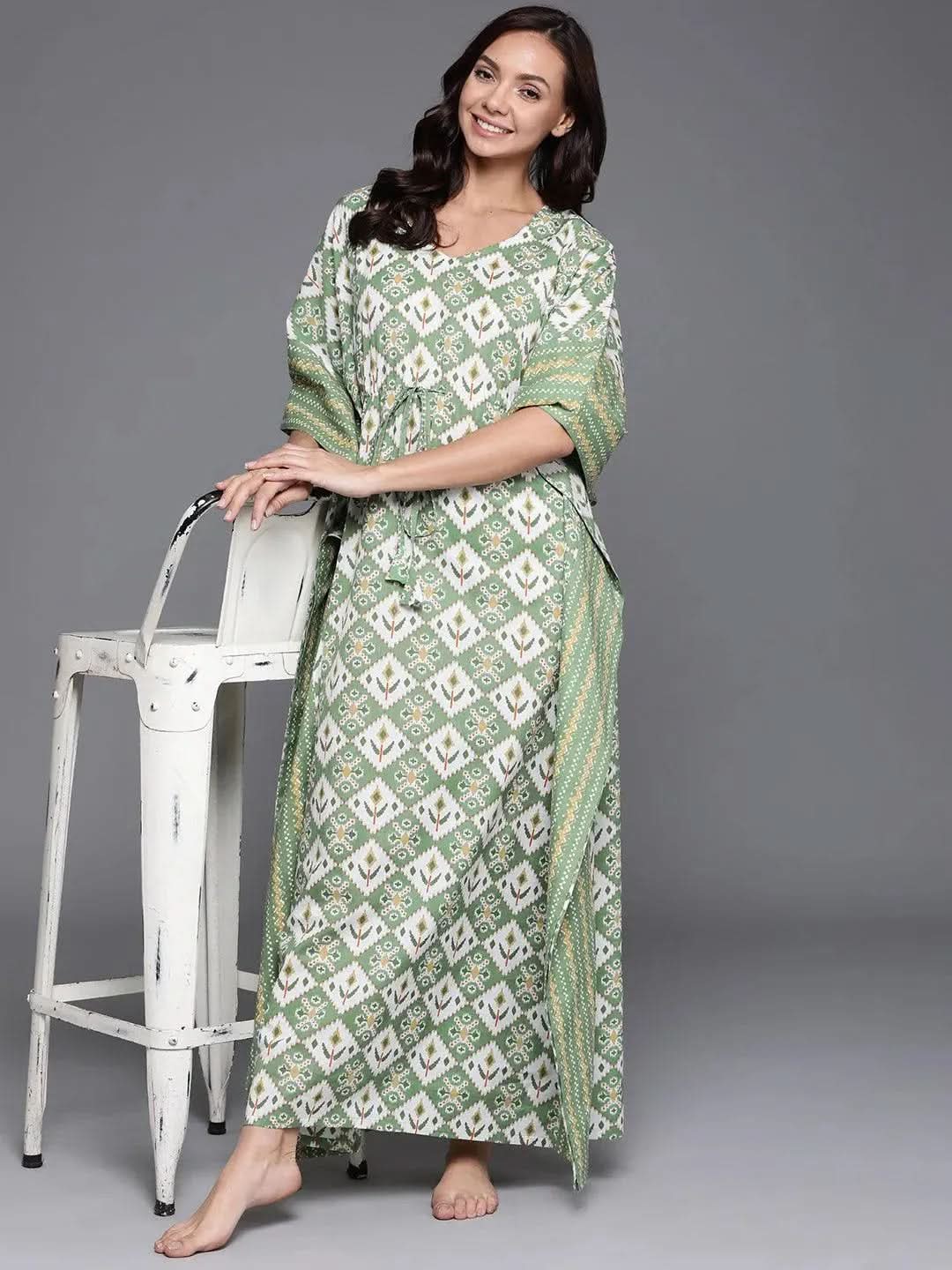 Green Printed Cotton Nightdress - Libas