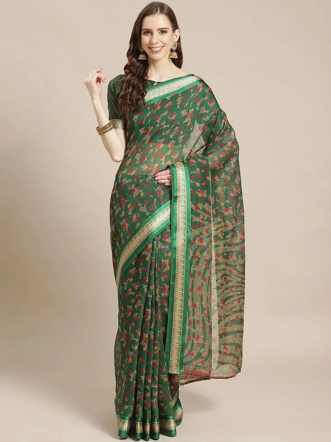 Green Printed Cotton Saree - Libas