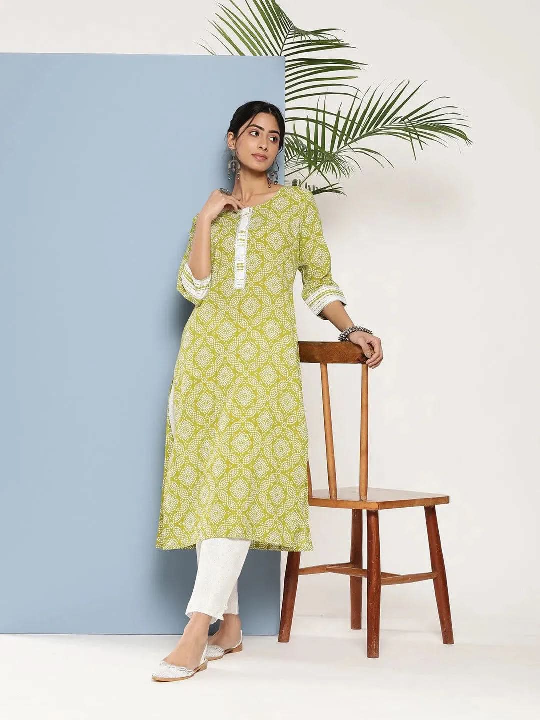 Green Printed Cotton Straight Kurta - Libas