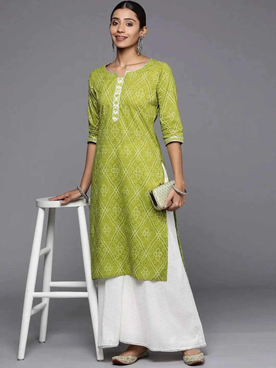 Green Printed Cotton Straight Kurta - Libas
