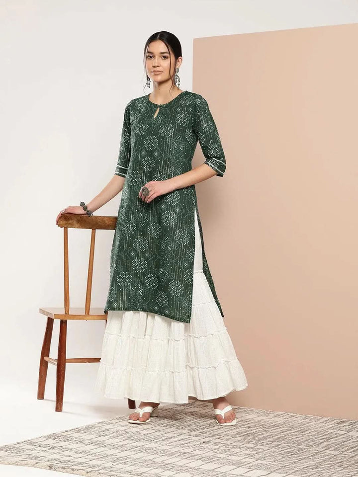 Green Printed Cotton Straight Kurta - Libas