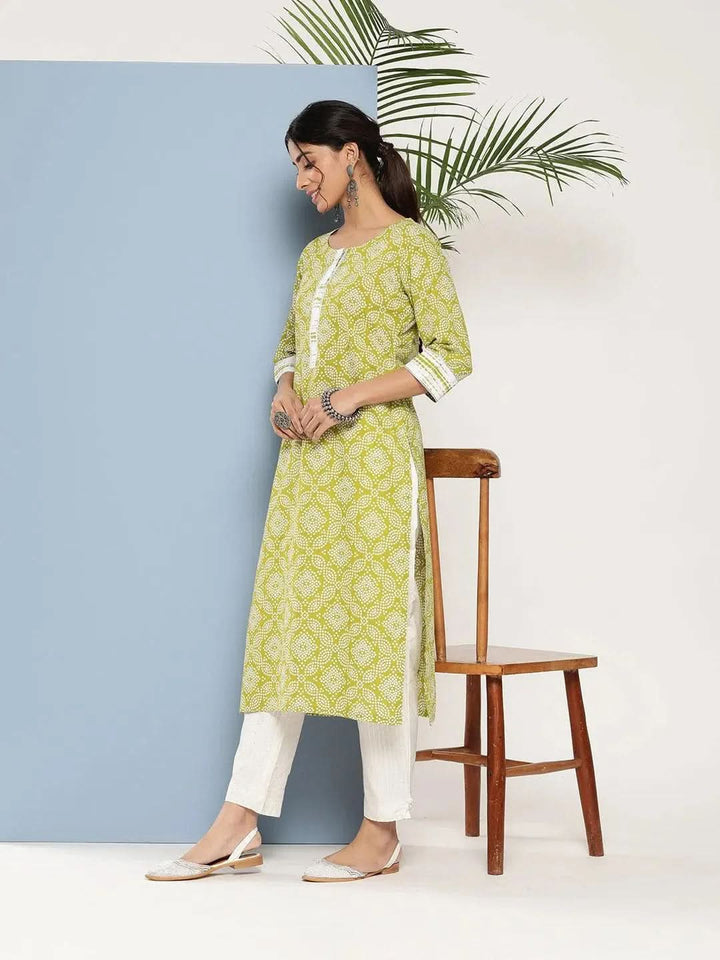 Green Printed Cotton Straight Kurta - Libas