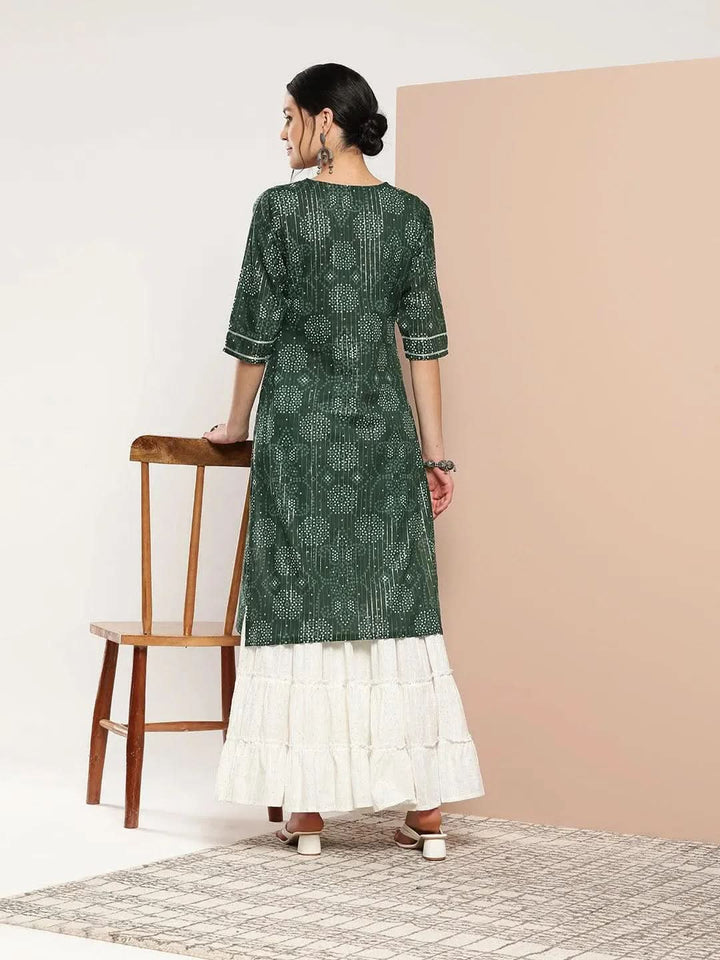 Green Printed Cotton Straight Kurta - Libas