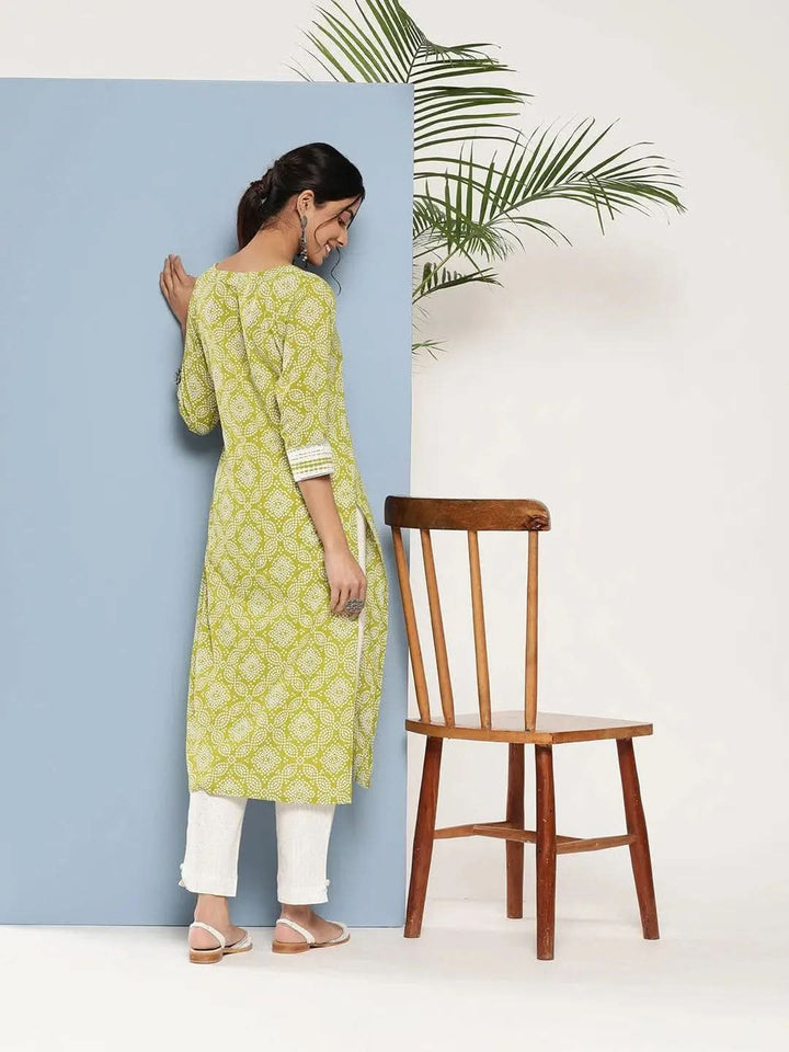 Green Printed Cotton Straight Kurta - Libas