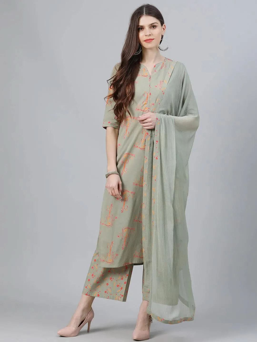 Green Printed Cotton Suit Set - Libas