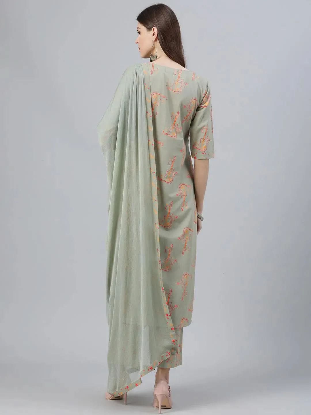Green Printed Cotton Straight Kurta With Palazzos & Dupatta 
Green Printed Cotton Straight Kurta With Palazzos & Dupatta