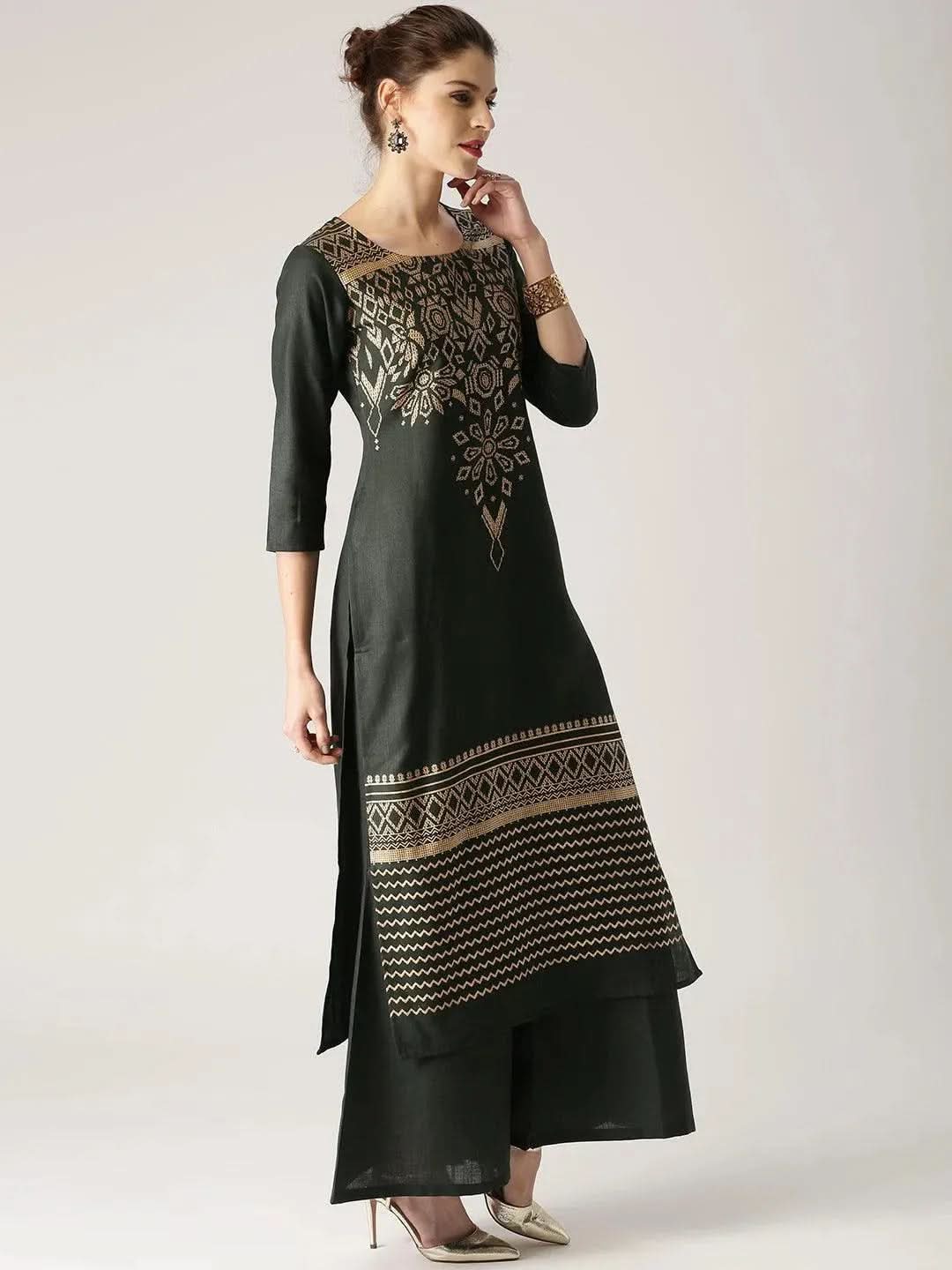 Green Printed Cotton Straight Kurta With Palazzos 
Green Printed Cotton Straight Kurta With Palazzos