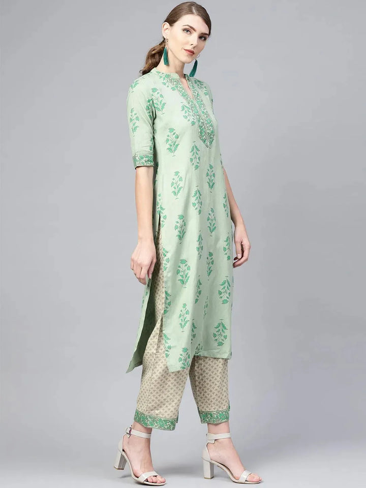 Green Printed Cotton Kurta Set - Libas