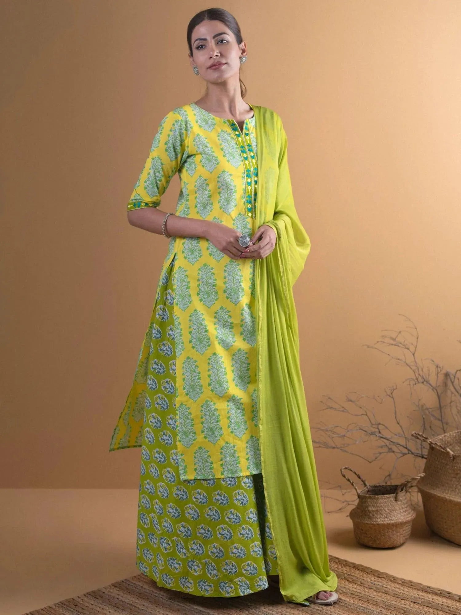 Green Printed Cotton Straight Kurta With Skirt & Dupatta
Green Printed Cotton Straight Kurta With Skirt & Dupatta