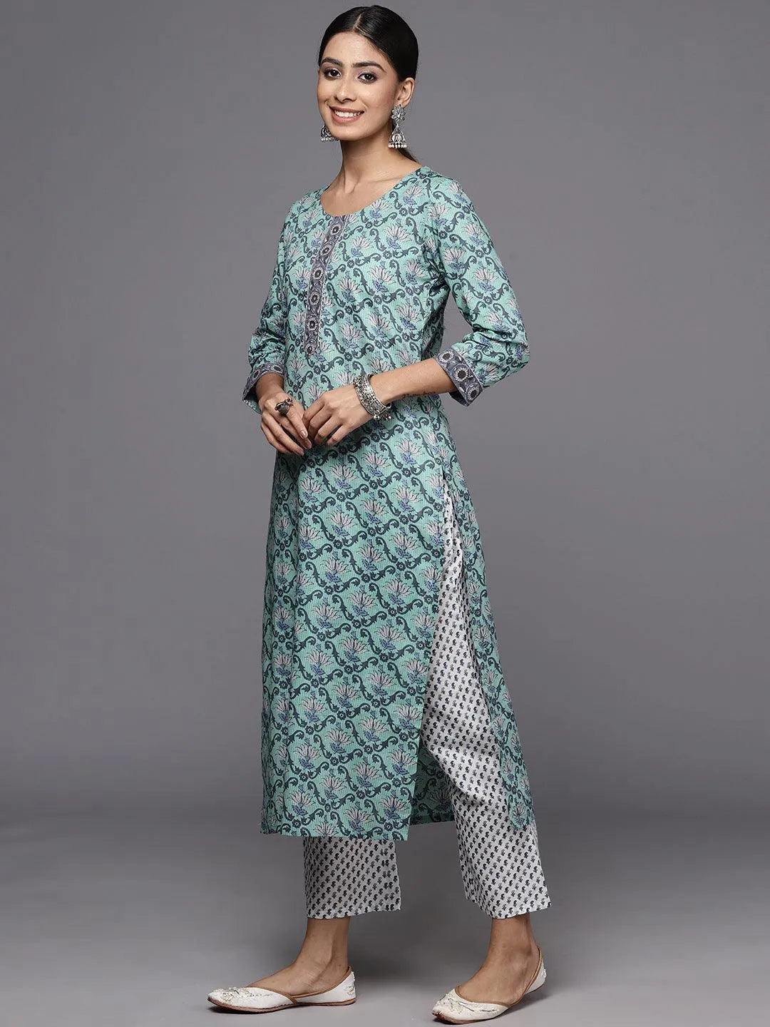 Green Printed Cotton Straight Kurta With Trousers & Dupatta - Libas