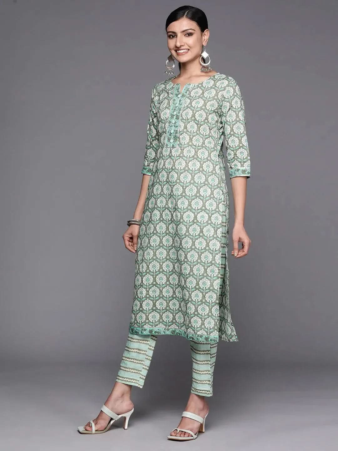 Green Printed Cotton Straight Kurta Set With Trousers - Libas