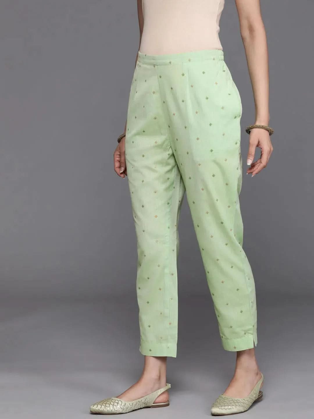Green Printed Cotton Trousers - Libas