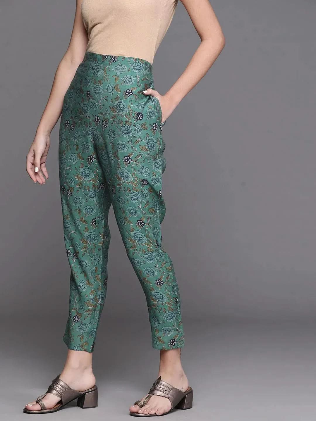 Green Printed Cotton Trousers - Libas