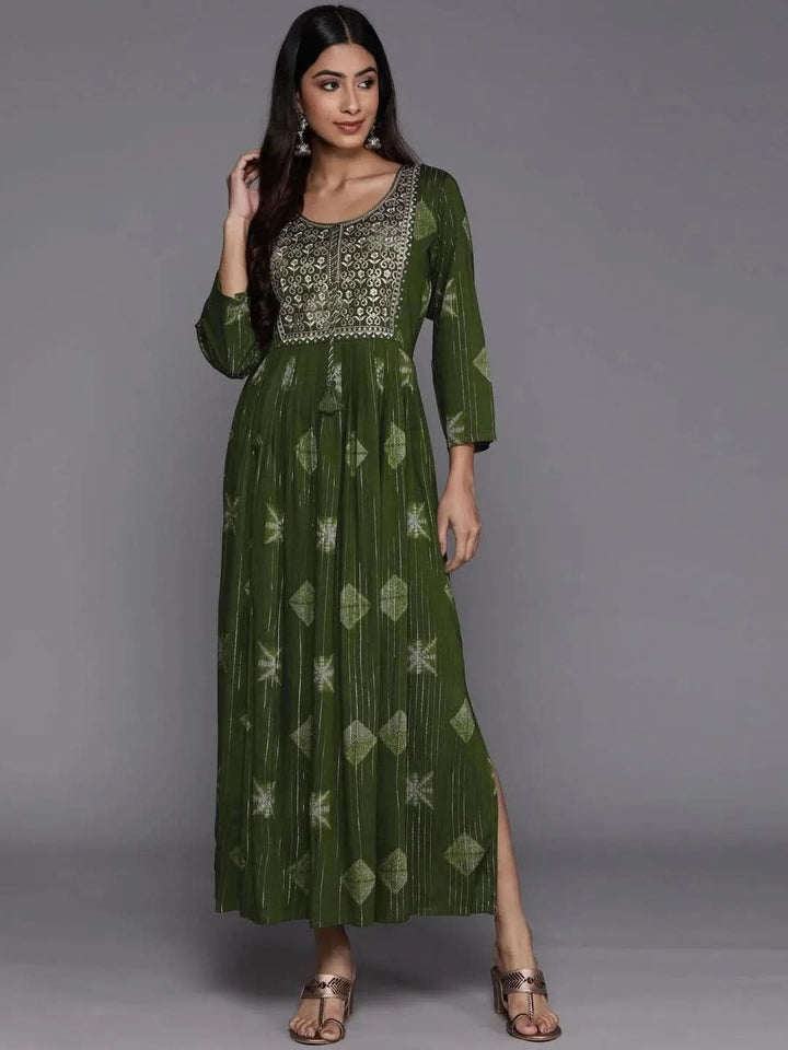 Green Printed Fit and Flare Rayon Dress - Libas