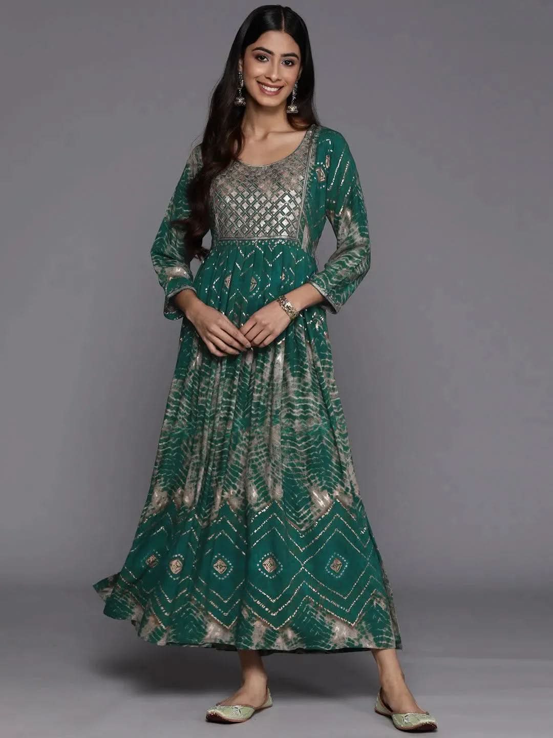 Green Printed Fit and Flare Rayon Dress - Libas