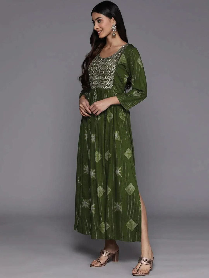Green Printed Fit and Flare Rayon Dress - Libas