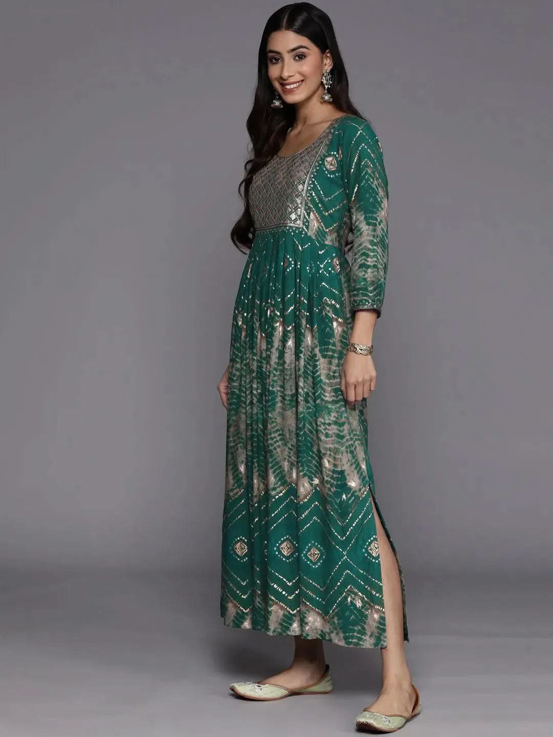 Green Printed Fit and Flare Rayon Dress - Libas