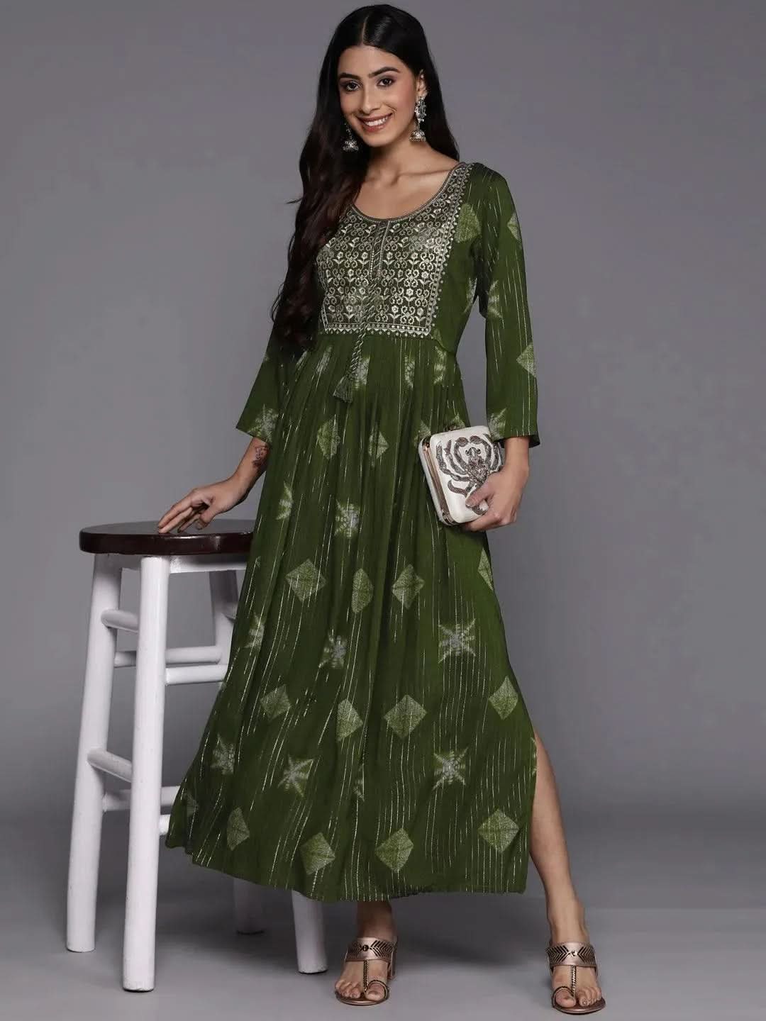 Green Printed Fit and Flare Rayon Dress - Libas