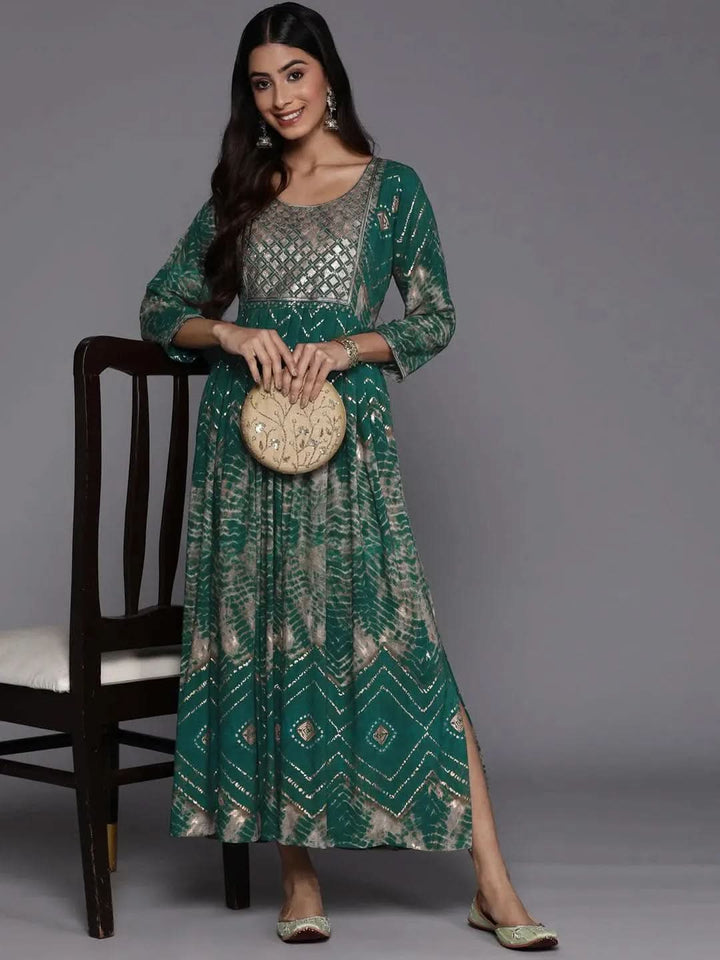 Green Printed Fit and Flare Rayon Dress - Libas